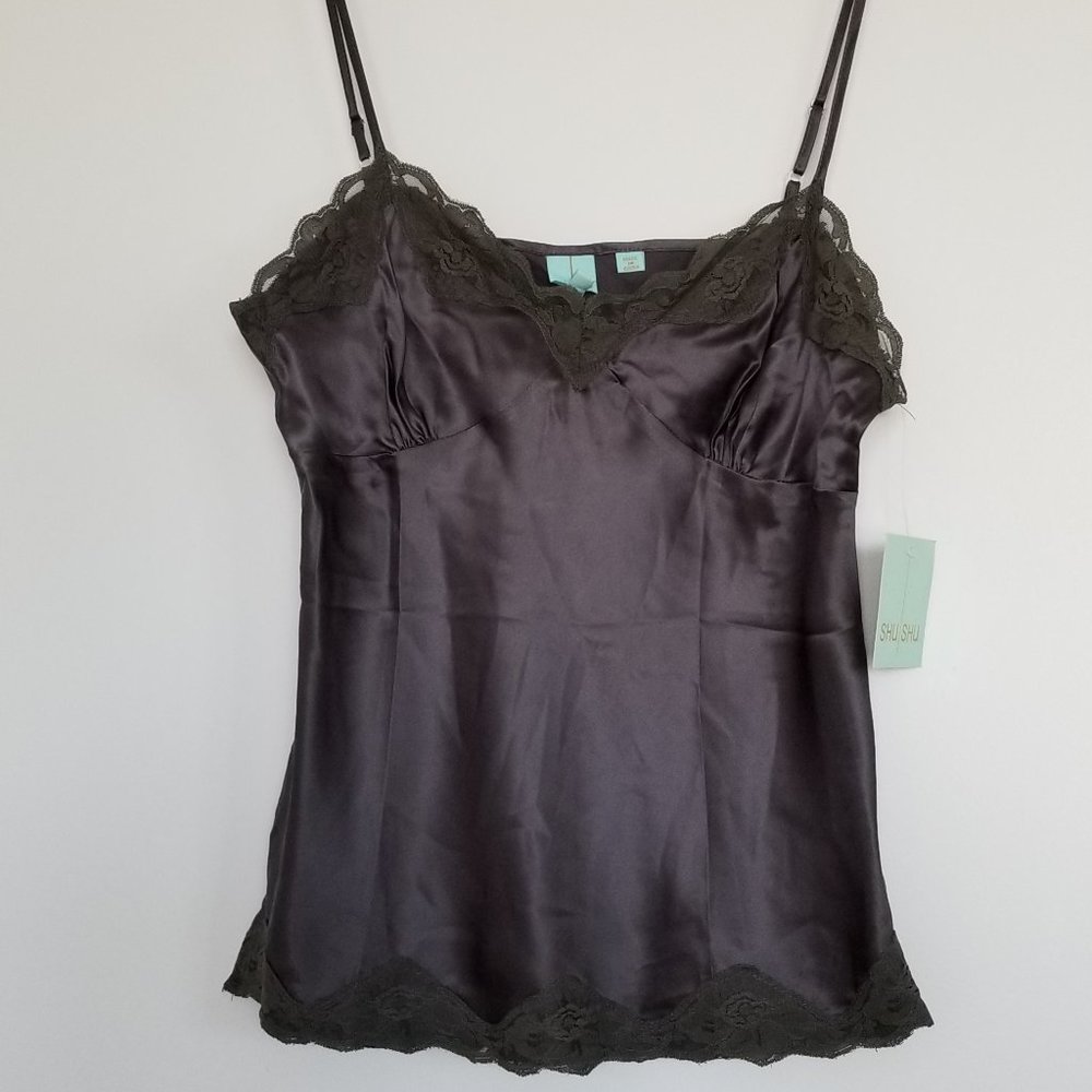 Shu Shu Pure Silk Camisole with Lace Trim Sz M Dk Steel Grey